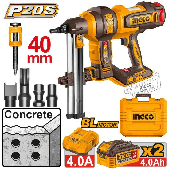 INGCO CLOUEUR À BÉTON 20V 19-40MM -2BATTERIES 4.0AH +CHARGEUR [CCNLI9008]