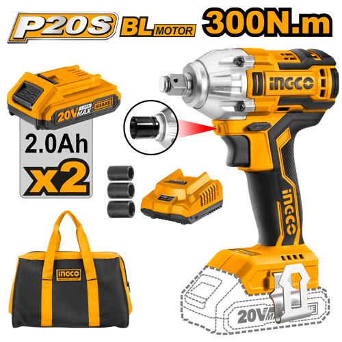 INGCO BOULONNEUSE A CHOC 300NM SANS CHARBON 20V+2BAT 2.0 [CIWLI2001]