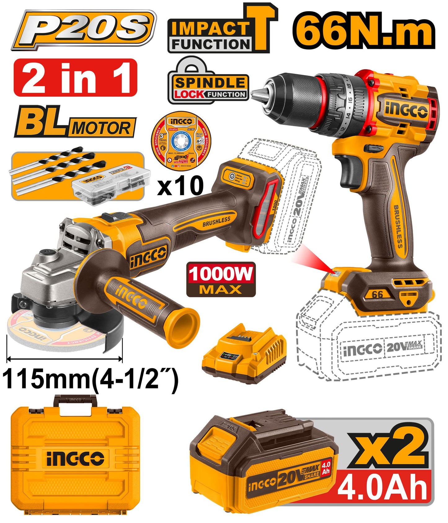 INGCO PACK 2 MACHINES MEULEUSE+VISSEUSE 66NM 20V 2X4AH [CKLI20273]