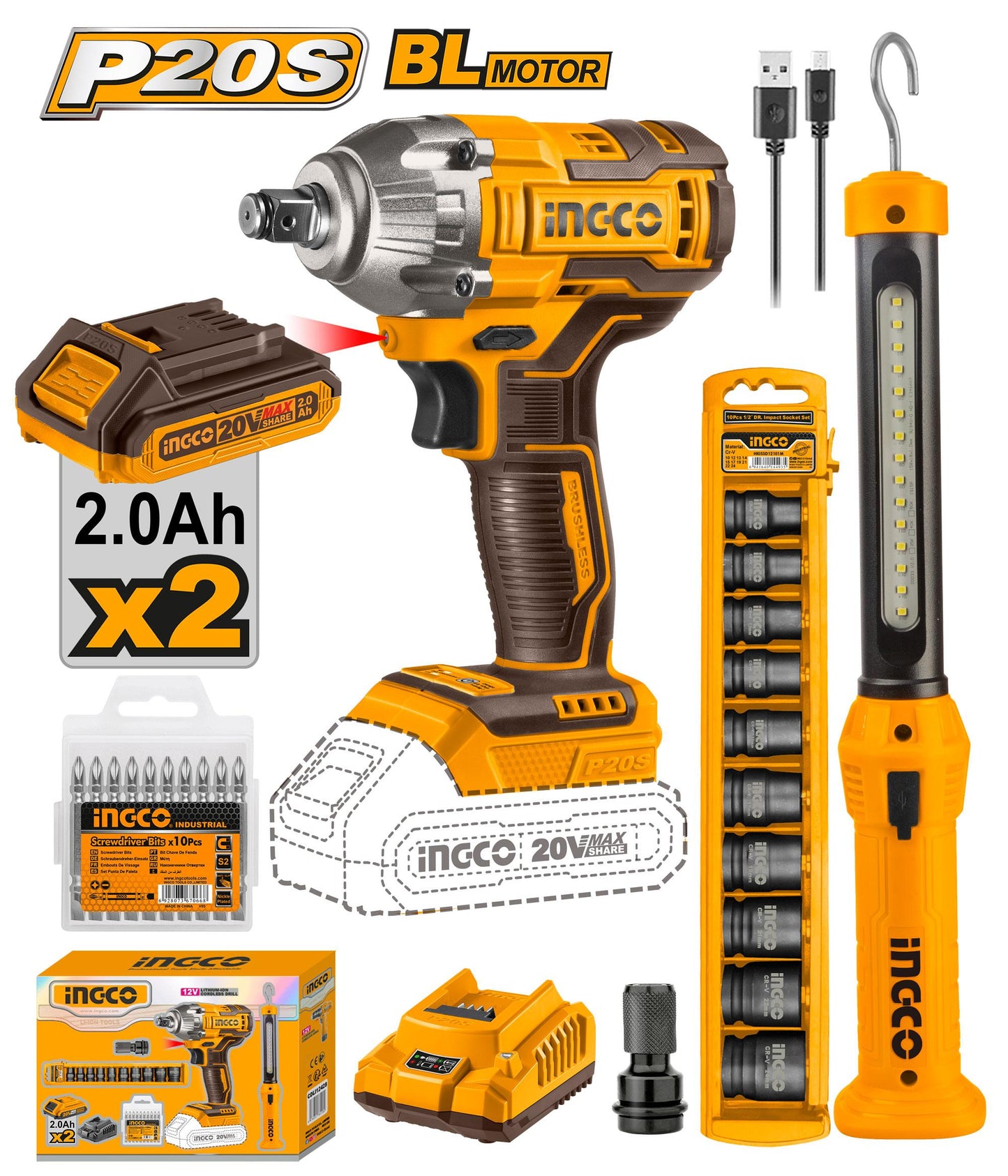 INGCO PACK BOULONNEUSE A CHOC 300NM SANS CHARBONS 20V [COSLI23011]
