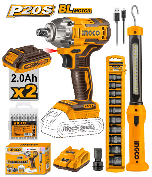 INGCO PACK BOULONNEUSE A CHOC 300NM SANS CHARBONS 20V [COSLI23011]