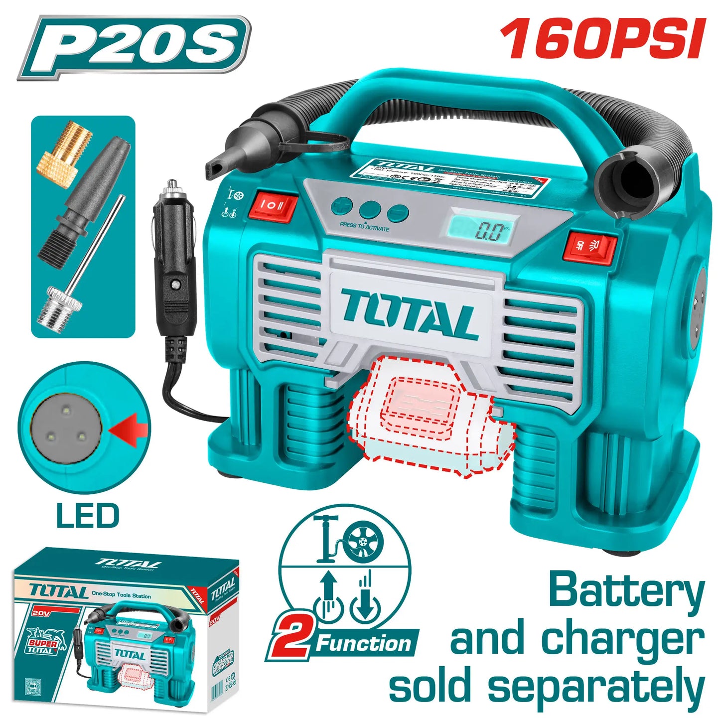 COMPRESSEUR D'AIR AUTOMATIQUE AU LITHIUM-ION 20V TOTAL [TACLI2002]