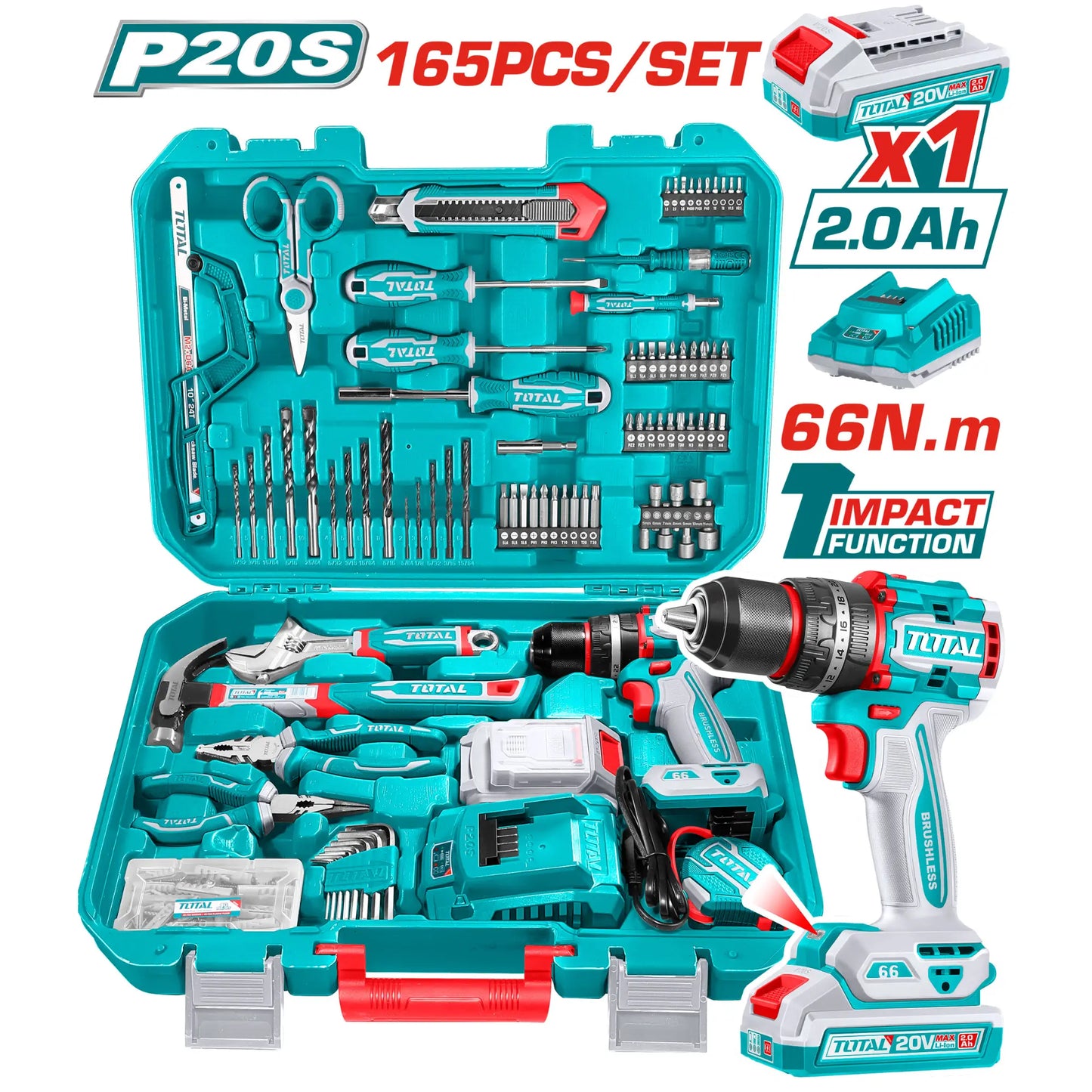 ENSEMBLE D'OUTILS DE 165 PIECES AVEC VISSEUSE 20V 66NM TOTAL [THKTHP11652]
