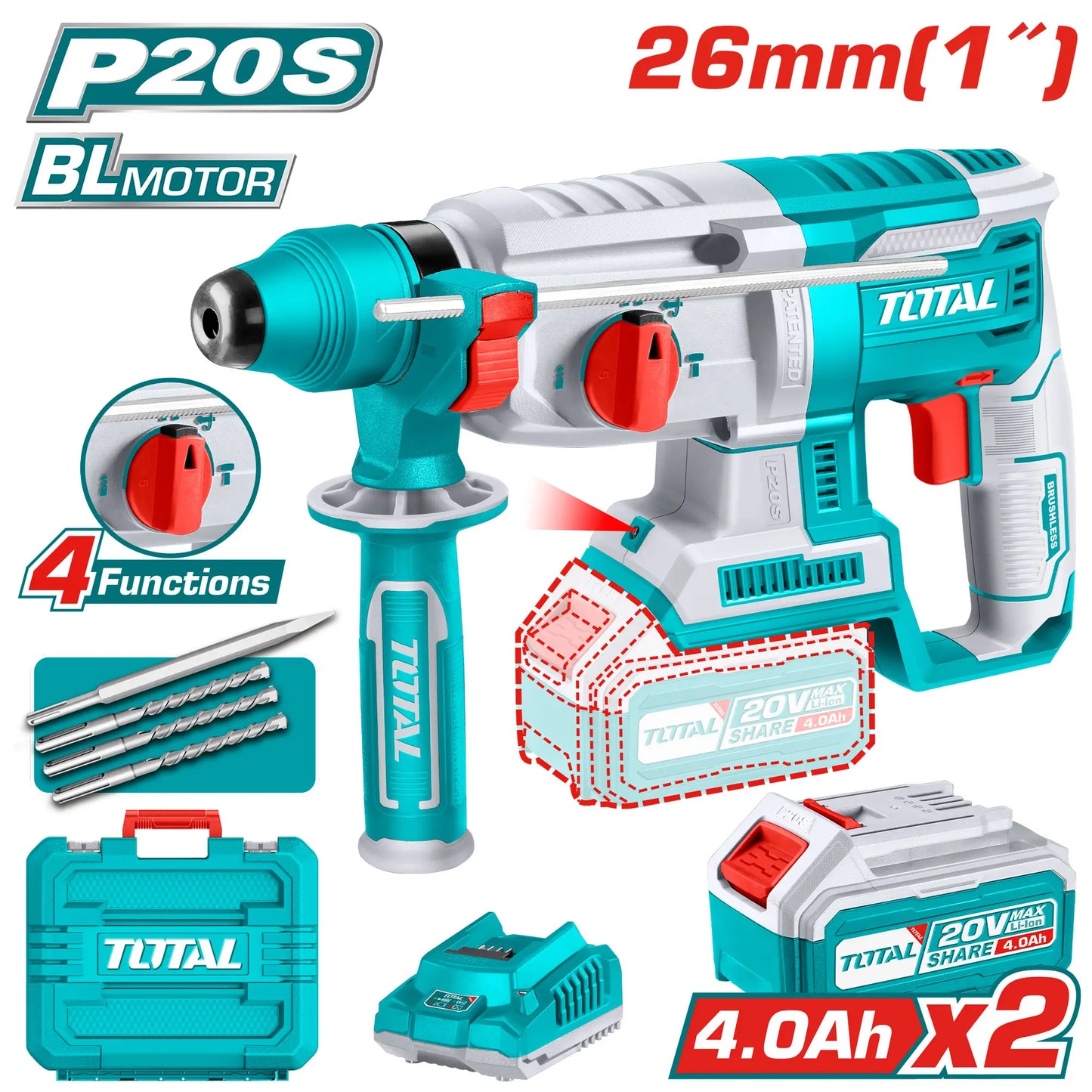 MARTEAU ROTATIF SANS BALAIS LI-ION 20V TOTAL [TRHLI202287]