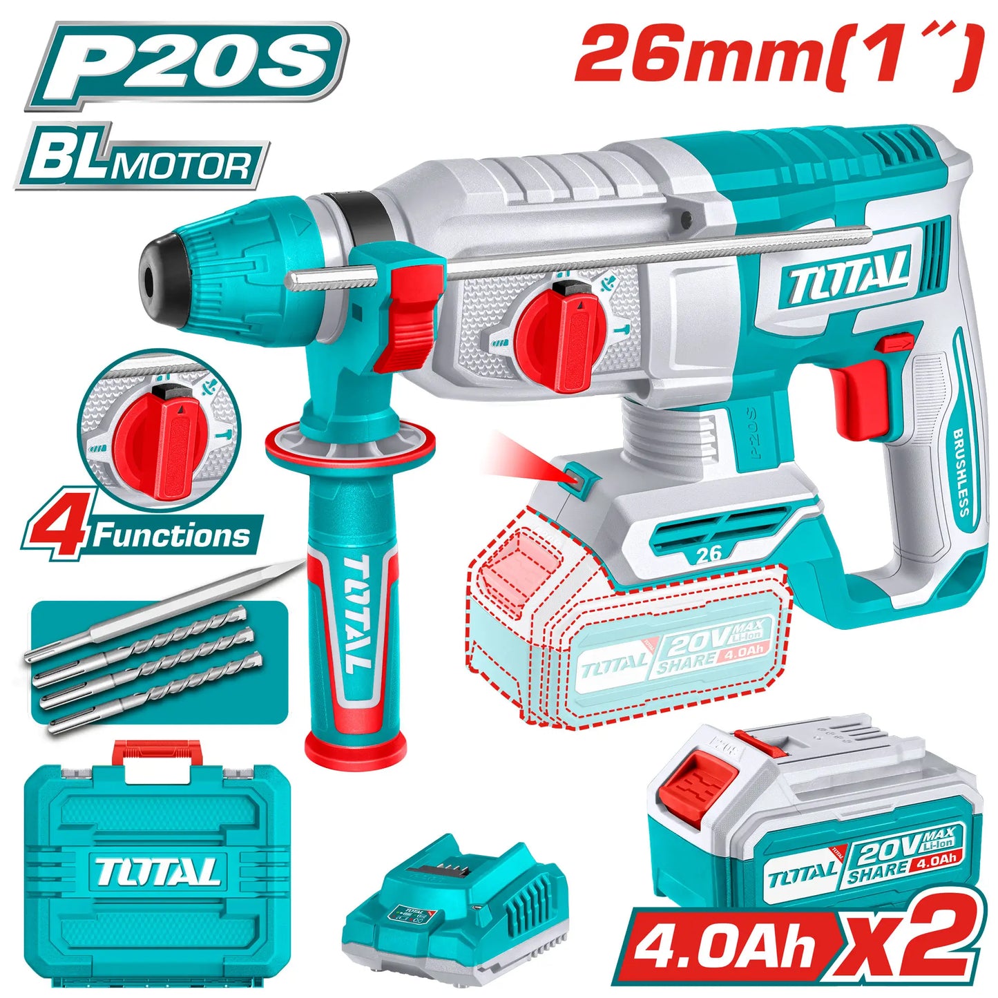 MARTEAU ROTATIF SANS BALAIS LI-ION 20V TOTAL TRHLI202287/[TRHLI202682]