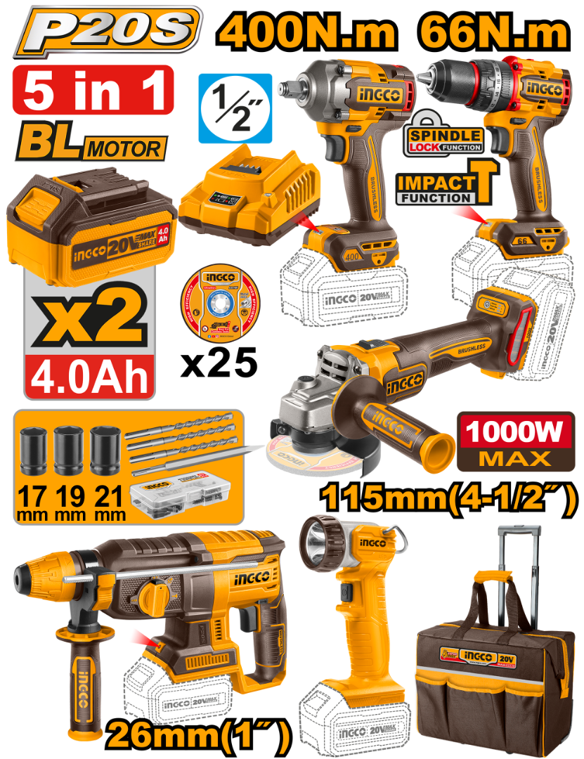 INGCO PACK VALISE DE 5 MACHINES 20V [CKLI2019]